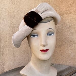 VTG 1940s 1950s Pink Tan Velvet Tilt Cloche OS